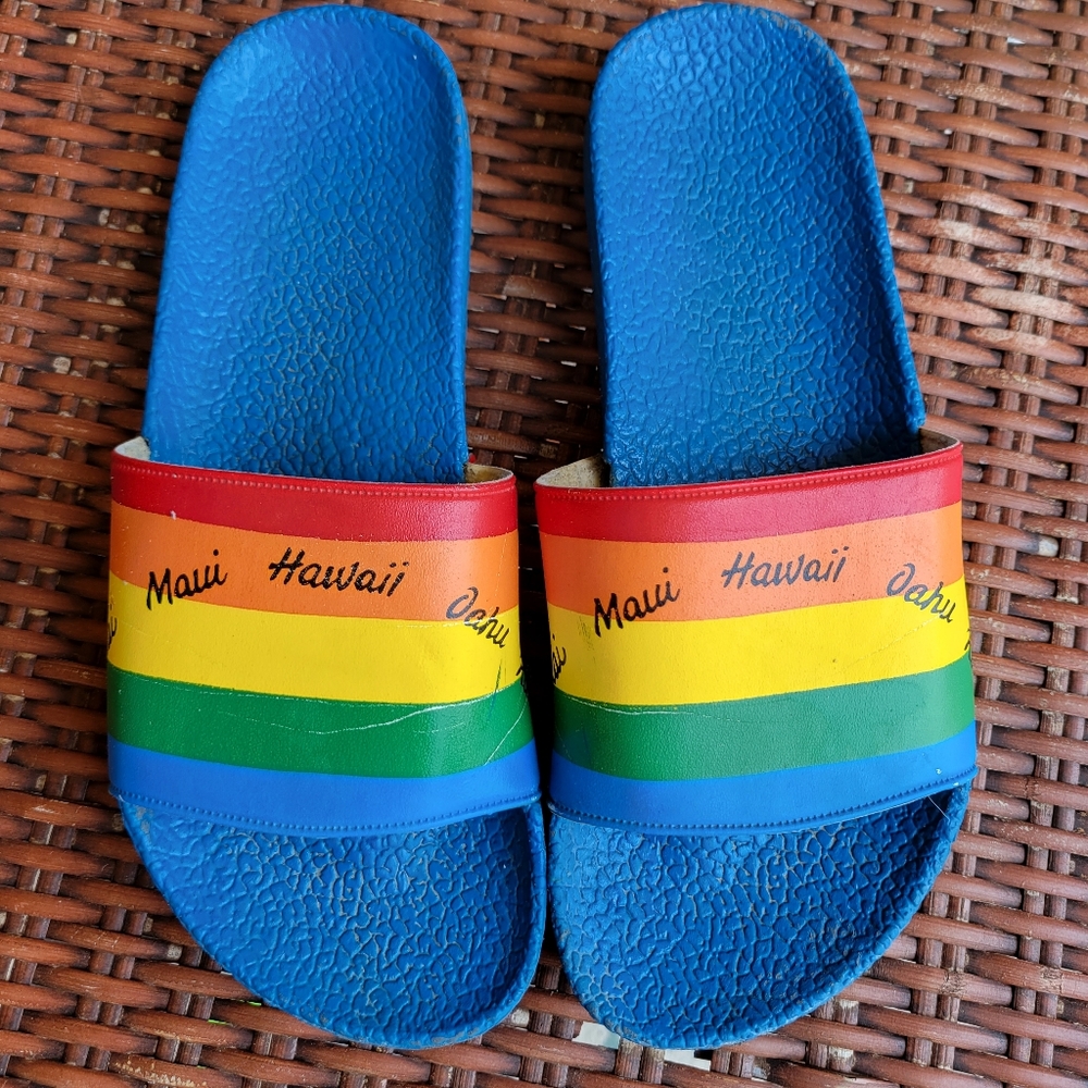 Vtg Hawaiian Flip Flops 1980s - Vintage Hawaii Rainbow Slide Sandals
